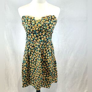 Yellow ditsy floral pleated ruffle sweetheart neck strapless cotton dress size 7